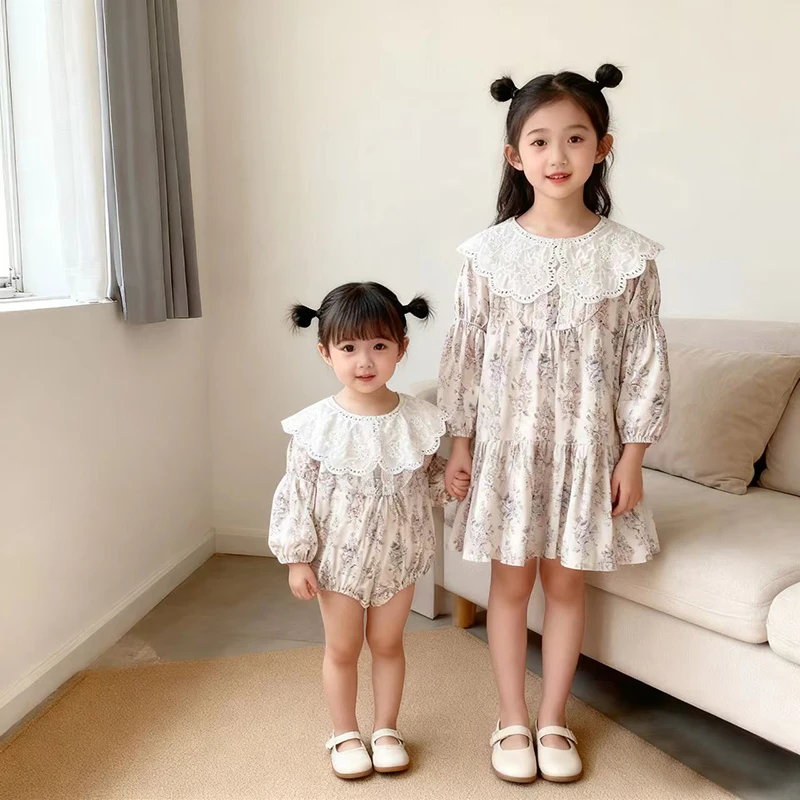 

Autumn Sister Clothes Baby Romper Dress 0-6Yrs Princess Dress Girls Lace Collar Flower Korean Clothes Princess Sisters' Dresses