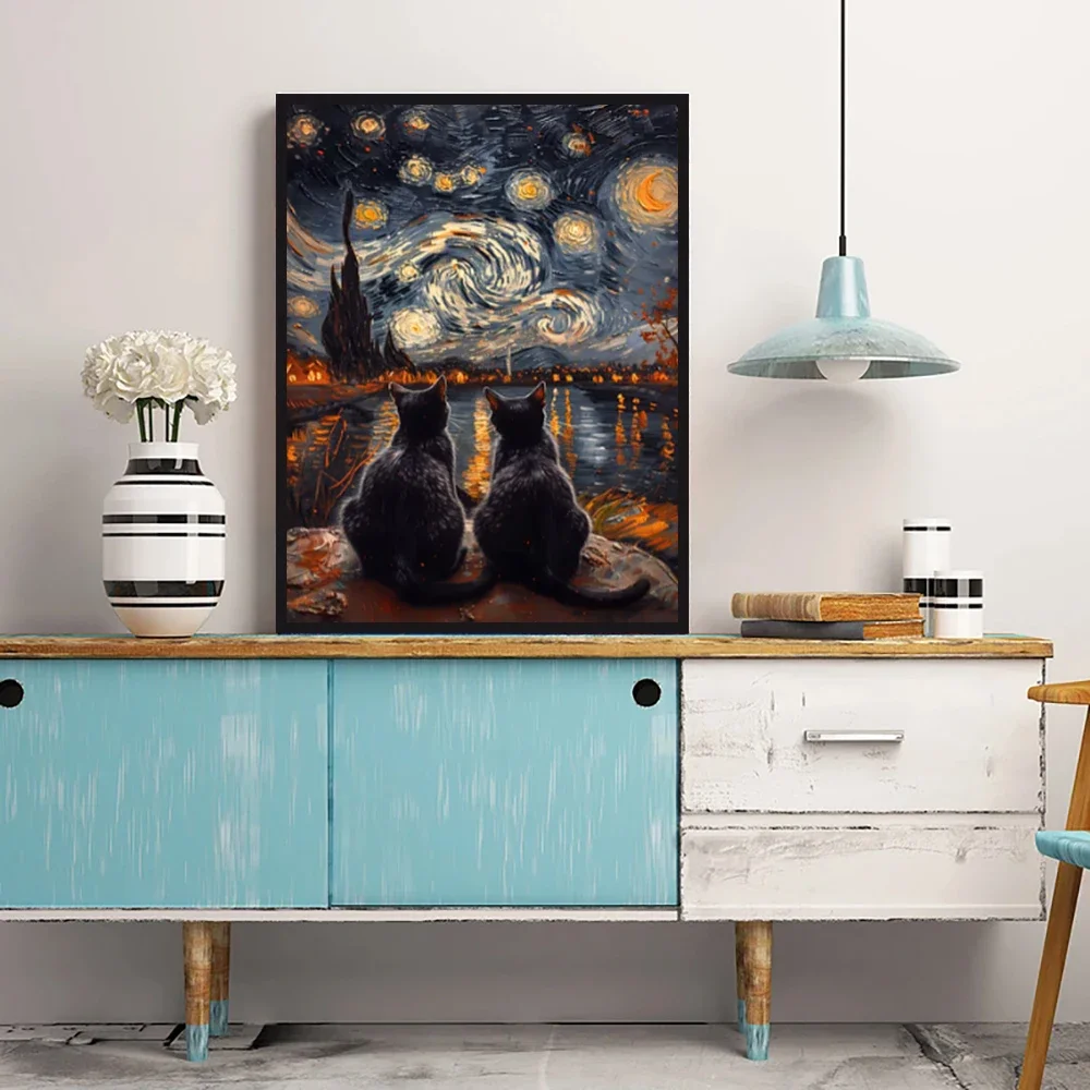 Famous Master Van Gogh Art Poster, Van Gogh Starry Sky and Cat Canvas Art Printing, Used for Room Wall Decoration, Frameless - view 2