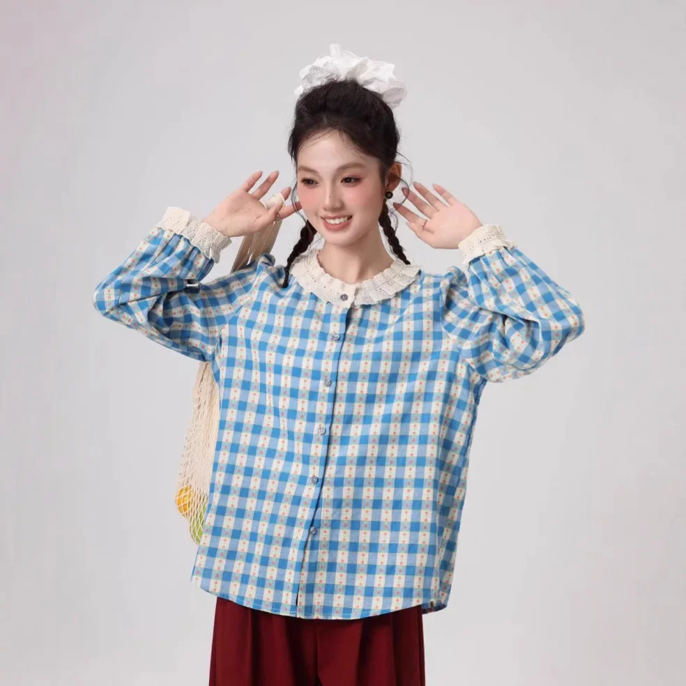 

French lace edge long-sleeved plaid shirt women's 2025 spring new sweet shirt foreign style top women's clothing