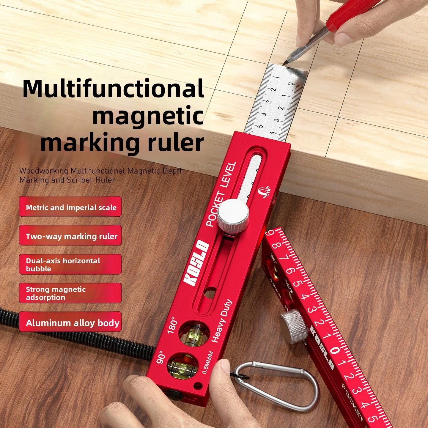 Multi-functional Magnetic Marking Ruler Aluminum Alloy Ruler with Level Marking, Metric and Imperial, for Woodworking
