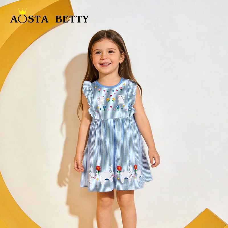 

Children's Fashionable Rabbit Embroidery Girls' Dress Knitted Cotton Sleeveless Princess Dress