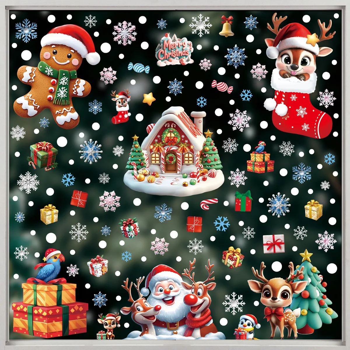 Fensteraufkleber für Weihnachten, festliche Feiertage – Lebkuchen-Schneemann, Schneeflocke, Weihnachtsmann, statische Aufkleber für Weihnachtsfeier, Heimdekoration