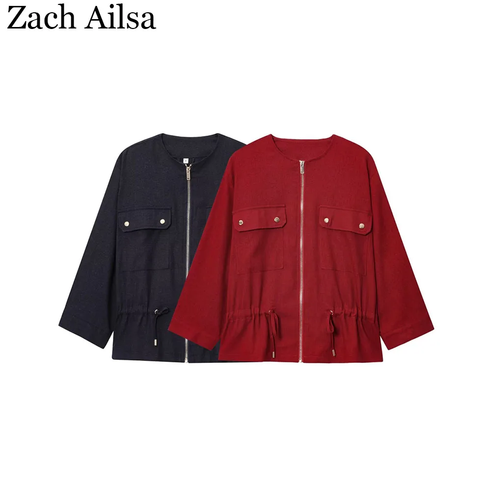 

Spring and Autumn New Women's Fashion Versatile Round Neck Linen Blended Hunting Jacket