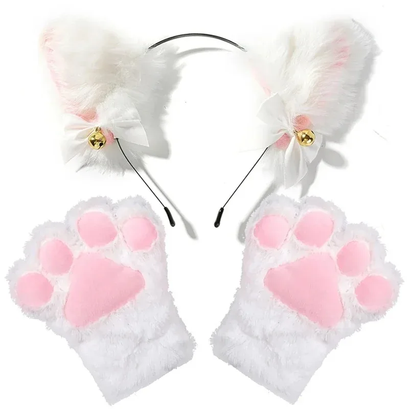 1 Set Cute Cat Ear Hair Wear Claw Gloves Girls Anime Cosplay Costume Plush Bell Cat Fur Ear Hairband Night Party Club Headbands