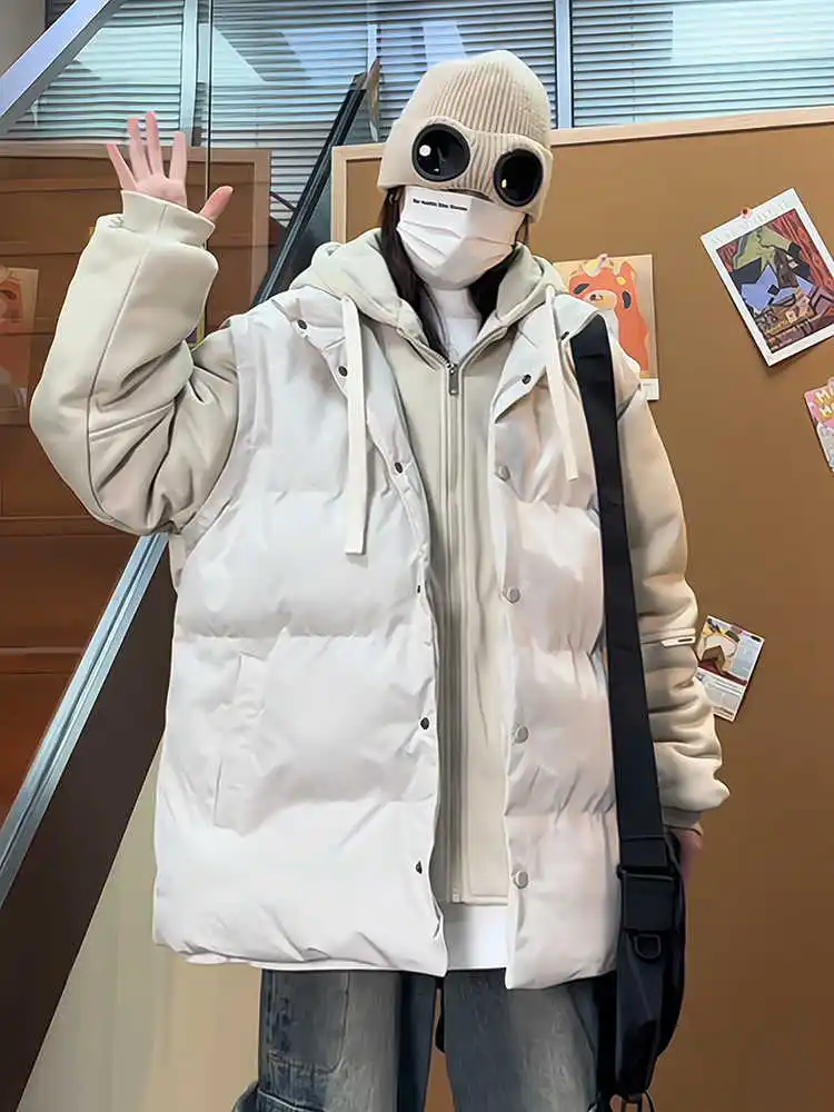 

Мужская утепленная куртка-пуховик в американском уличном стиле с эффектом двухслойности, с капюшоном, повседневная зимняя верхняя одежда