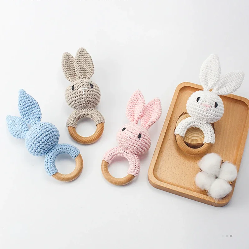 Newborn Baby Rattles Cute Cartoon Animal Rabbit Grab Ability Training Toys Infant Bell Toy Original Wood Crochet Hook Knitted