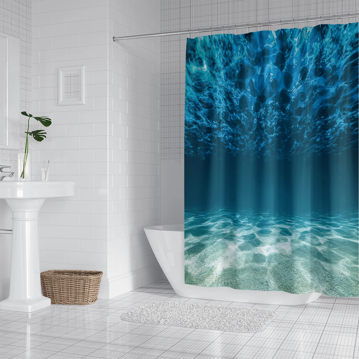 1PC, 180x180cm bathroom polyester shower curtain, mold resistant, waterproof, perforated with hooks, blue seawater print