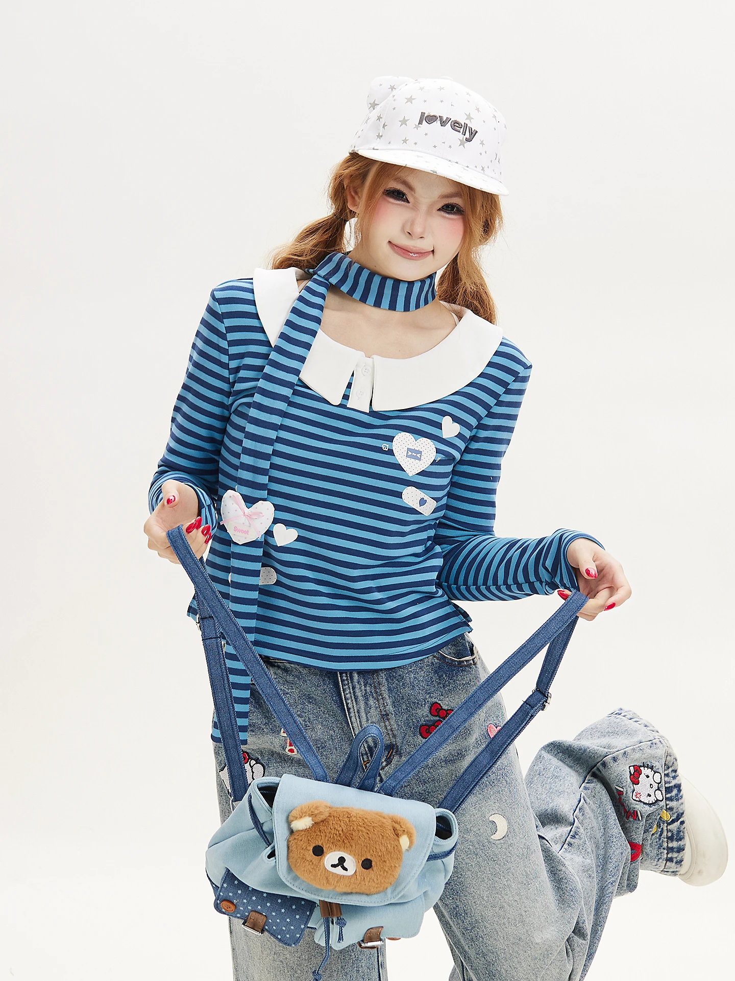 Blue Striped Long Sleeve T-Shirt for Girls Student Print Short Top Cute Ant Theme Spring Autumn Fashionable Cotton 100%