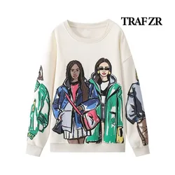 TRAF ZR Women Sweatshirts 2024 New in O Neck Long Sleeve Pullover Y2k Streetwear Harajuku Fashion Cotton Sweatshirt Woman