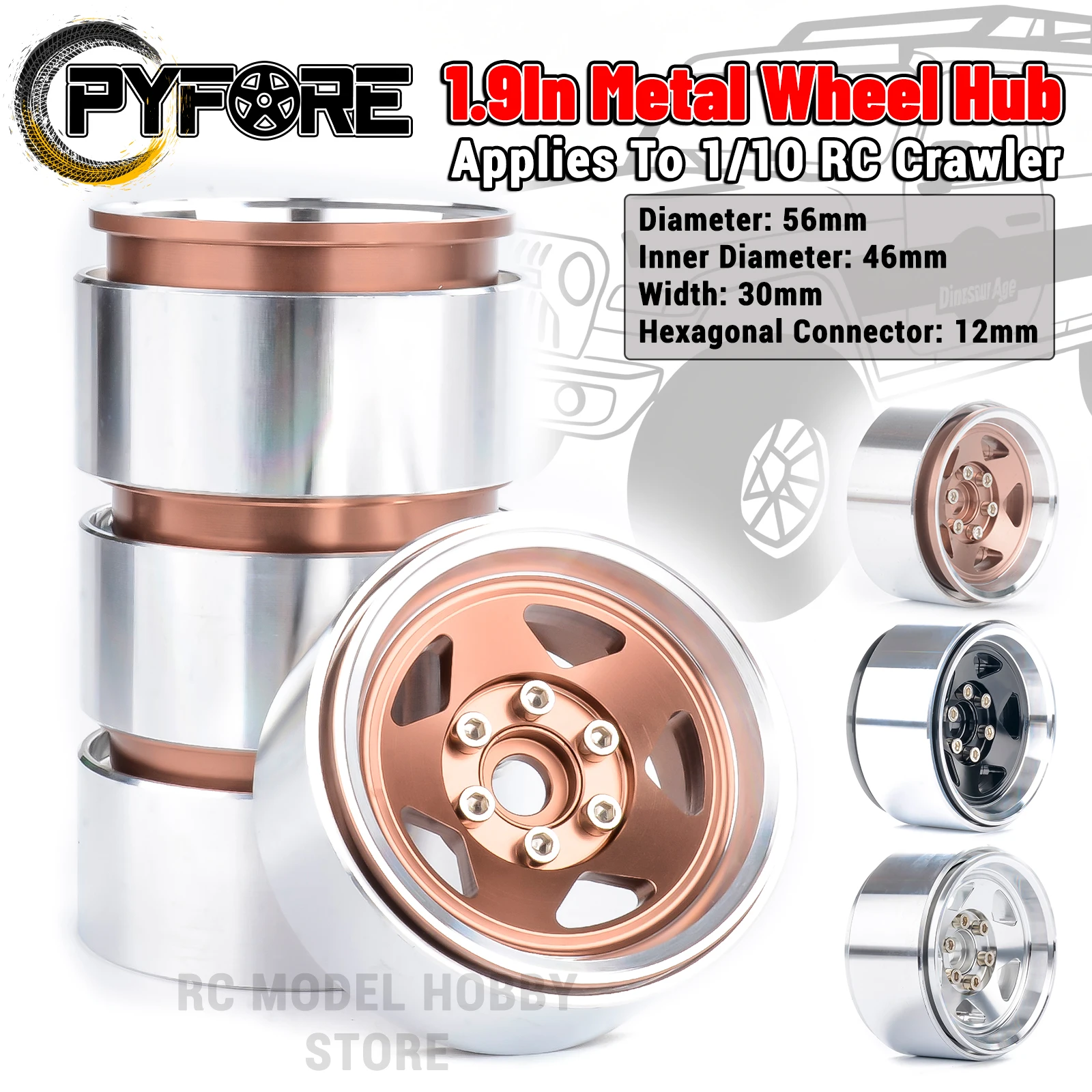 PYFORE 1,9 Zoll Kletterradnabe 4 Stück Reifen 56 x 30 mm 12 mm Sechskantstecker für 1/10 1/8 RC Modellauto Crawler Zubehör