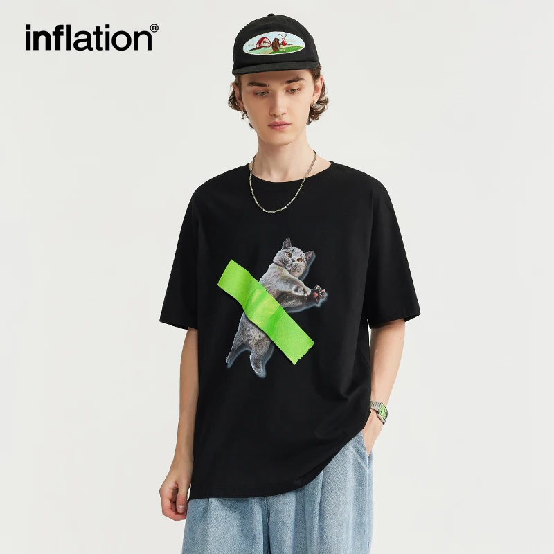 INFLATION Pet Cat Graphic Printed Cotton Tees Men Summer Loose Fit Short Sleeve T-shirts