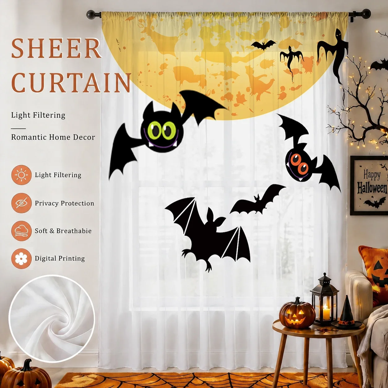 Halloween Day Gradient Sheer Curtain, Good Quality Light Reducing Privacy Voile for Living/Bedroom/Kids Room,Mother's Day Gift