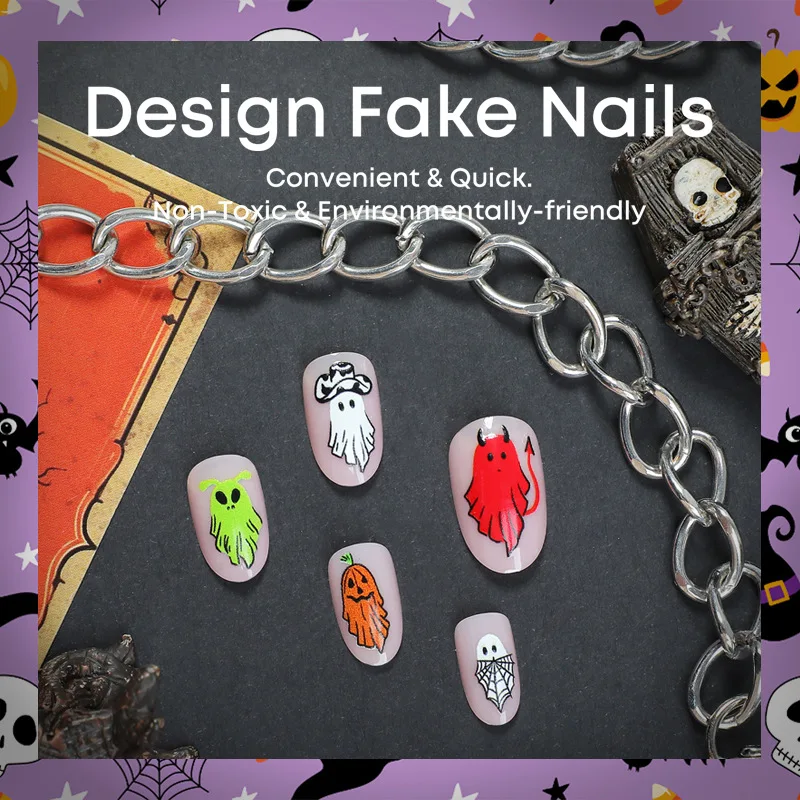 24pcs Cute Short Round Fake Nail Patches with Colorful Ghost print Press on Nails Full Cover Wearable Halloween False Nail Tips