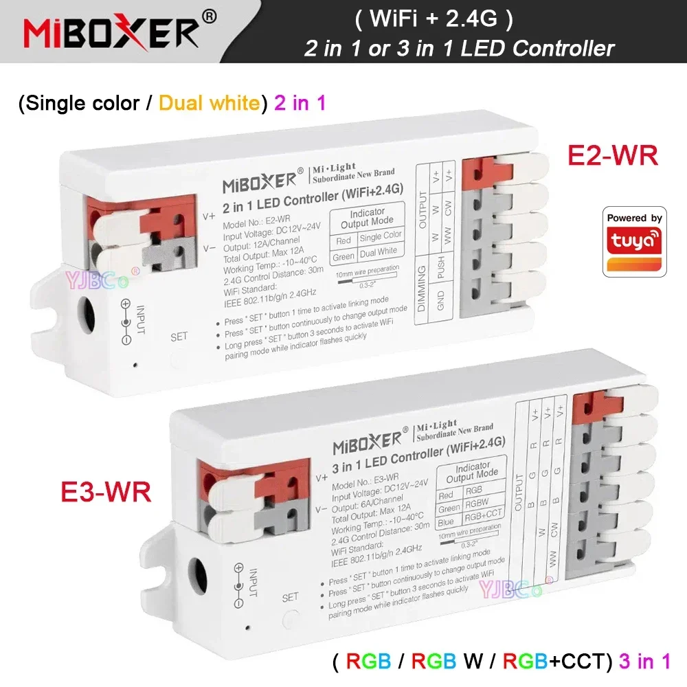 Miboxer 12V 24V 2.4G WiFi (RGB/RGBW/RGBCCT) Controlador de tira de LED 3 en 1 (un solo color/doble blanco) Atenuador de cinta de luz 2 en 1