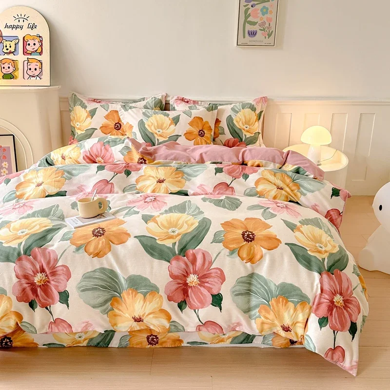 Shabby Floral Duvet Cover Twin Full 100%Cotton Botanical Flower Comforter Cover with 2 Pillow Sham Luxury Reversible Bedding Set