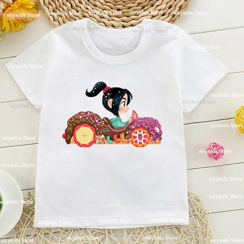 Vanellope-Little Girls Cartoon Print T-shirts, camisa branca infantil, moda infantil, roupas fofas, atacado, novo, 2024