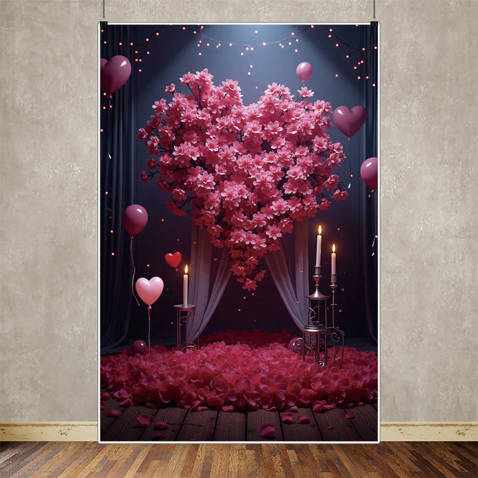 MOON.QG 2025 Valentines Hanging Heart Flowers Photography Background Red Pink Drapes Backdrop Women Party Photocall Studio Props