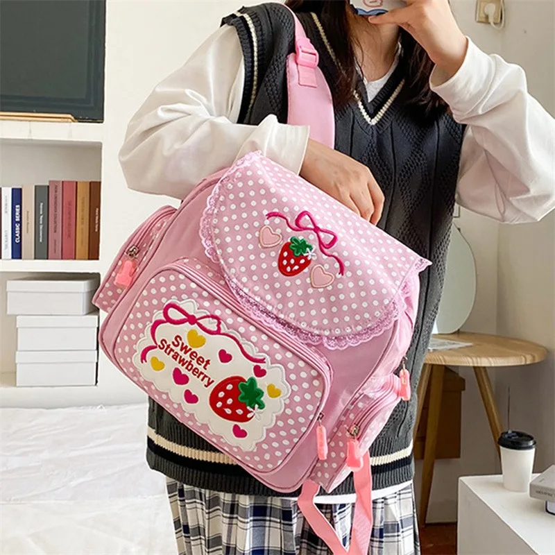 Sweet And Cute Embroidery Fruit Strawberry Lace Girl Student Backpack Schoolbag Lace Cute Printing Kawaii Girl Backpack