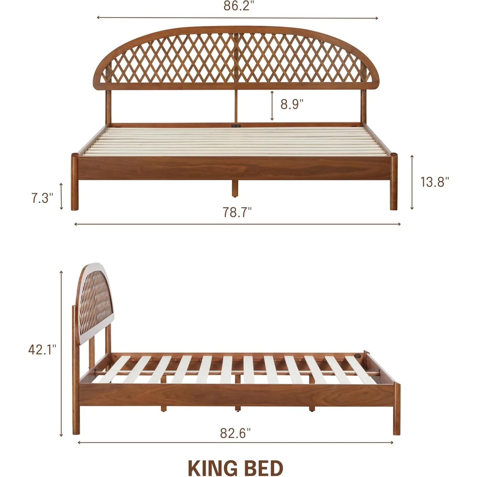 US Gem Wooden Bed Frame with Headboard, Crafted from Walnut, Rubber Wood with Silent Slats and Wood Central Supports, 1000 Lb