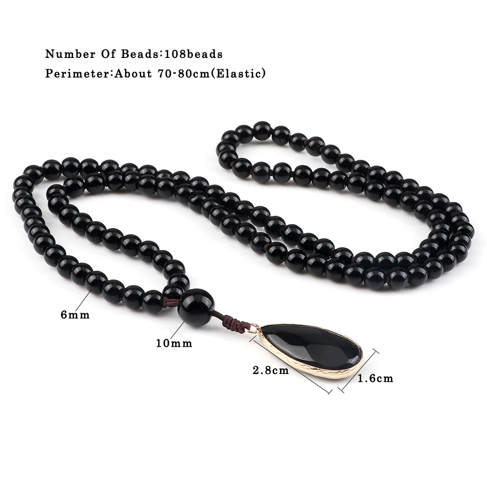 Black Obsidian Meditation Necklace For Men Natural Black Onyx 108 Mala Beads Pendnat Long Necklace Women Buddhist Prayer Jewelry