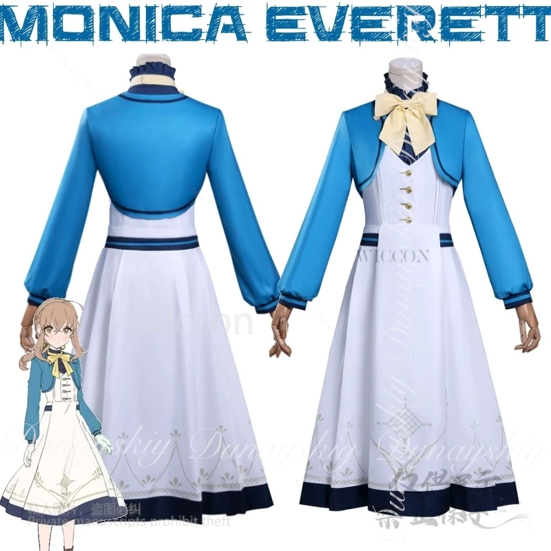 MoeMimic أسرار الساحرة الصامتة أنيمي مونيكا ايفريت تأثيري مع لون القهوة شعر مستعار أزرق أبيض فستان زي جميع مجموعة كوس
