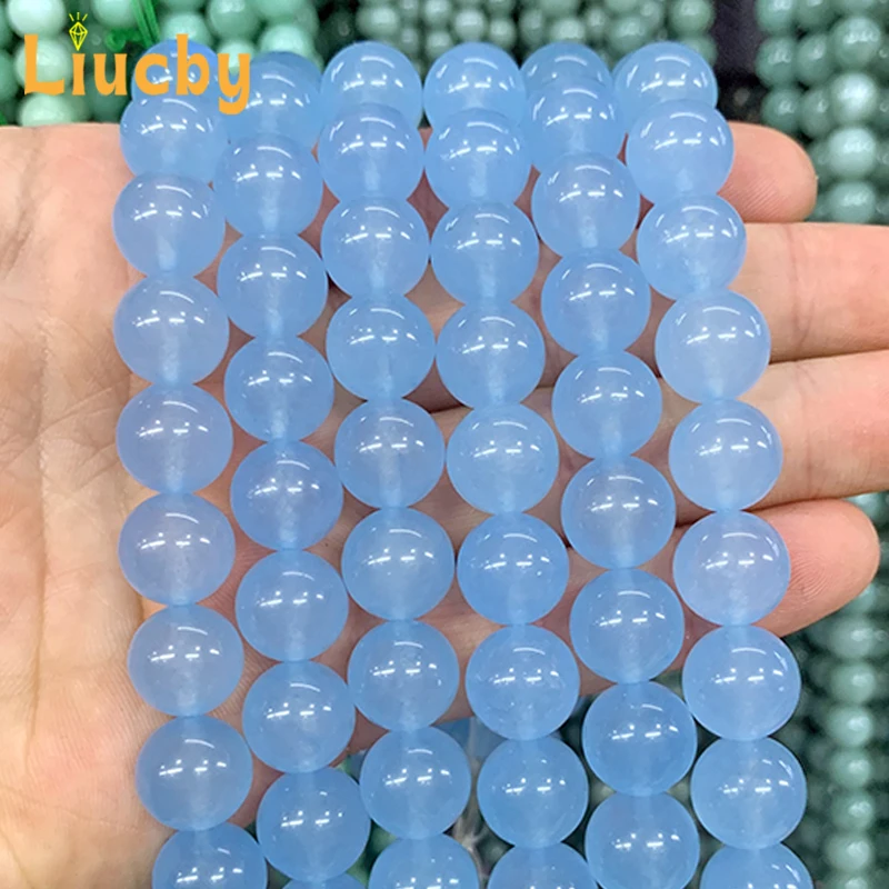 Smooth Natural Stone Light Blue Chalcedony Jades Beads for Jewelry Design DIY bright decoration gift 15