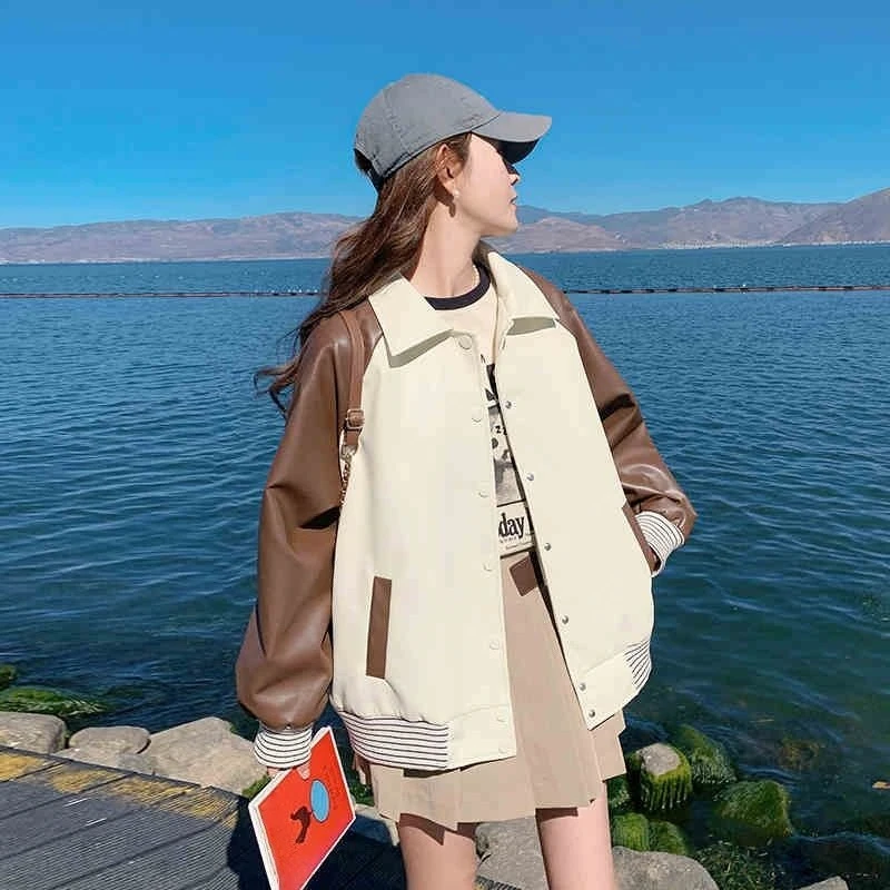 

Новое поступление 2025, мужская свободная куртка из искусственной кожи в бейсбольном стиле, винтажная лоскутная верхняя одежда в американском стиле на весну и осень