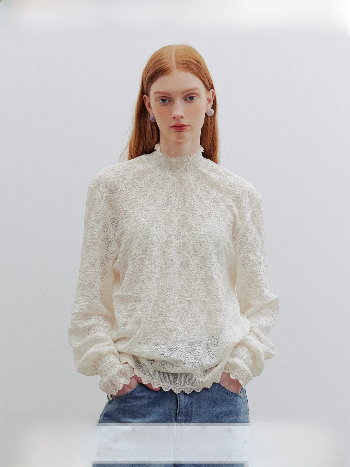 

Sweet Lace Trim oulder Drop irt WhyBerry 24SS"Mis Fog"Beige Ele Sle Long Sve Polyester Blend Women's Top