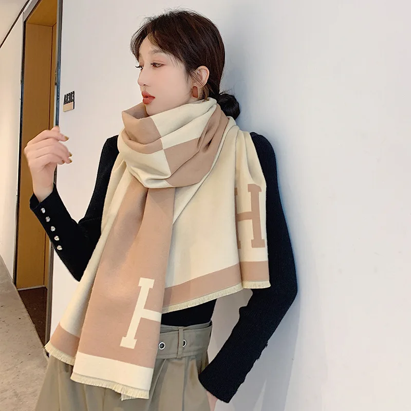 H letter 2024 new scarf women's winter Korean version imitation cashmere wool high-end khaki dual-purpose fringed scarf