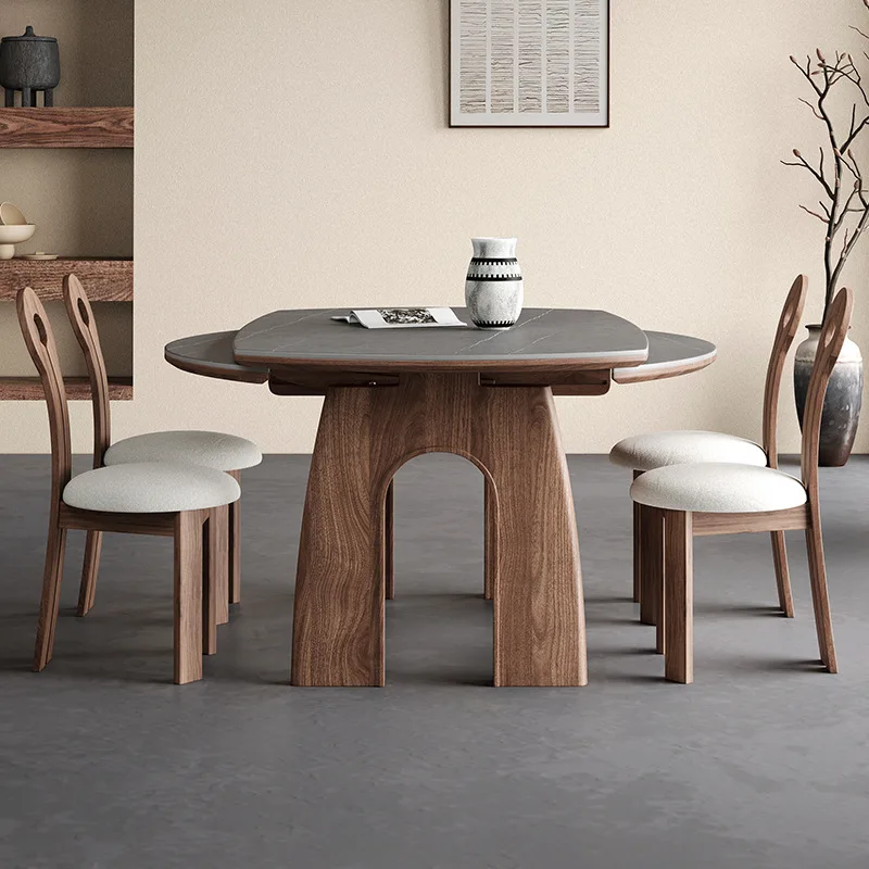 Medieval style folding solid wood dining table and chairs slate 2025 new American French telescopic square variable round table