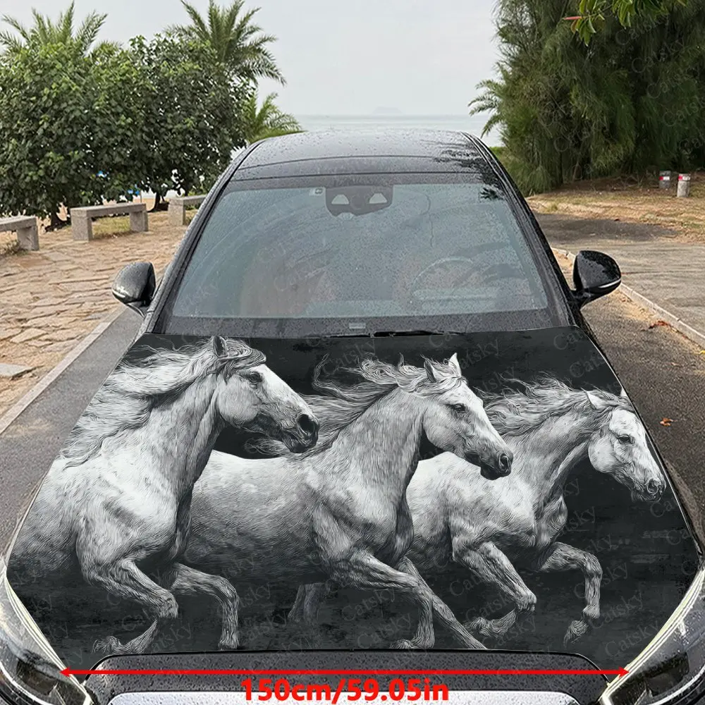 Car Decal Visually Striking Art Decal Featuring Galloping Horses in Monochrome Realism Car Hood Sticker, Waterproof Self - Adhes