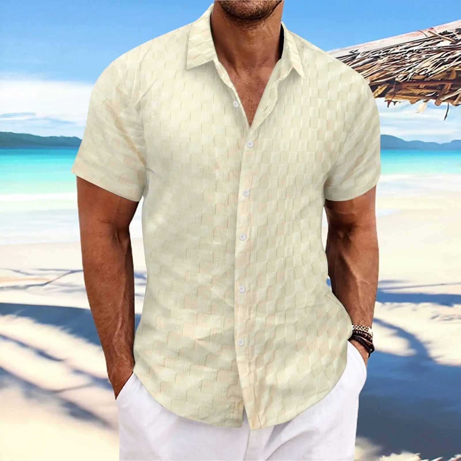 2025 Primavera/Novedad de verano camisa de manga corta holgada informal de Jacquard a cuadros para hombre Top de solapa de un solo pecho de Color sólido para hombre