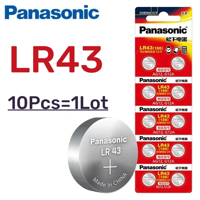 10Pcs  Original Panasonic LR43 186 AG12 386 SR1142 LR1142 SR43 301 V12GA 1.5V Alkaline Button Cell Battery For Watch