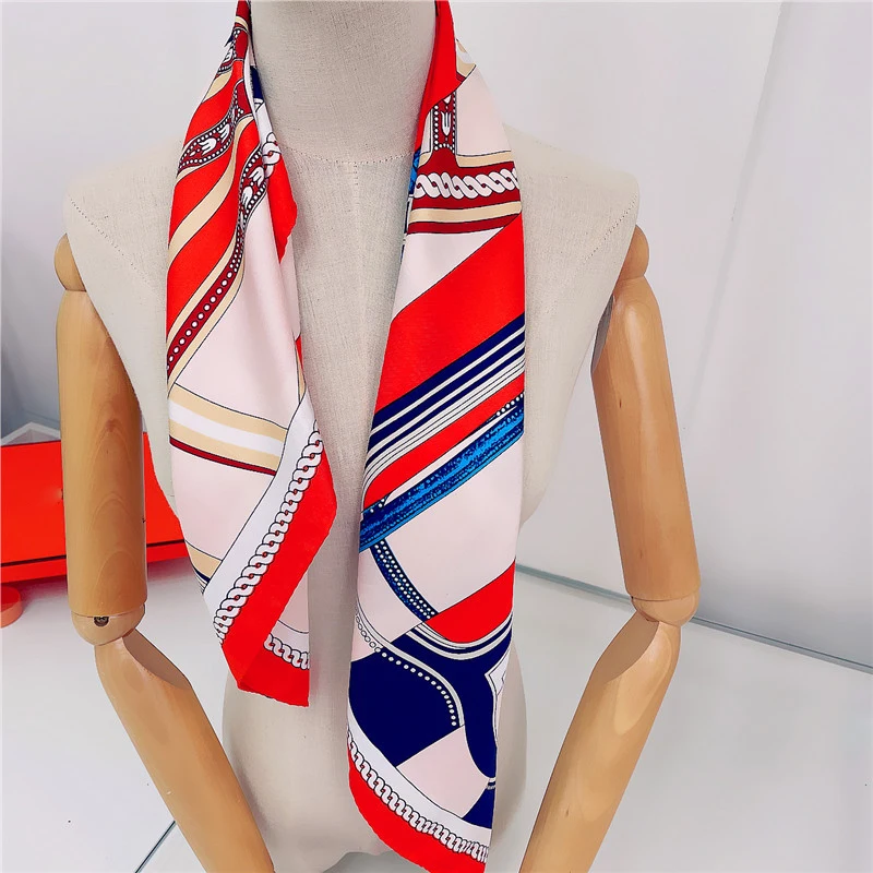 90CM Manual Hand Rolled Twill Silk Scarf Women Wheel Stripes Chain Print Square Scarves Wraps Femme Bandana Lady Hijab Shawl