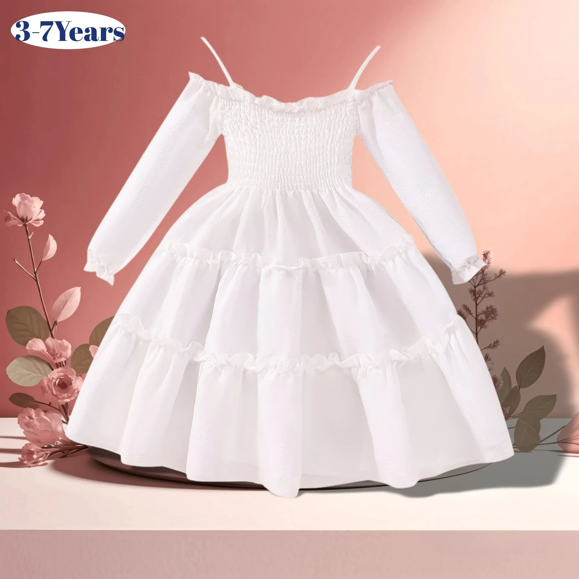 

New Kids Girls Dress Long Sleeve Off Shoulder White Solid Color Summer Children Dress Casual Ventilate Elegant Girls Clothing
