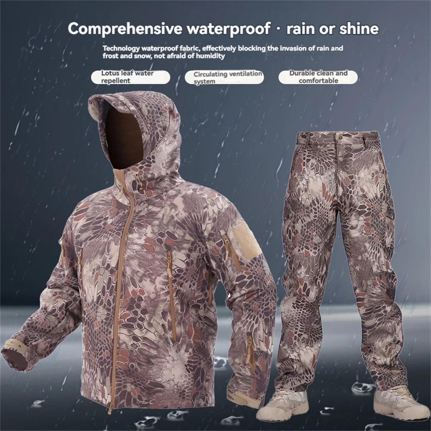 

Водонепроницаемый тактический костюм из акульей кожи из софтшелла, мужская камуфляжная охотничья форма, зимняя уличная термофлисовая подкладка, куртка и брюки