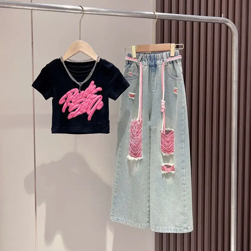 

2025 Summer Girls 3D Printing Graffiti Shortsleeve T-shirt+Colored Denim Ripped Jeans Two-piece Suit Children Wide-leg Pants