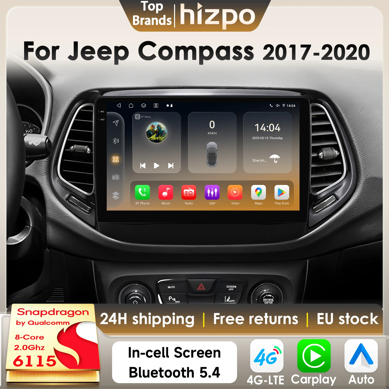 Hizpo 8G 128G 2Din Android 14 Autoradio Per Jeep Compass 2017-2020 Auto Multimediale GPS 4G DSP Carplay di Qualcomm Snapdragon 6115