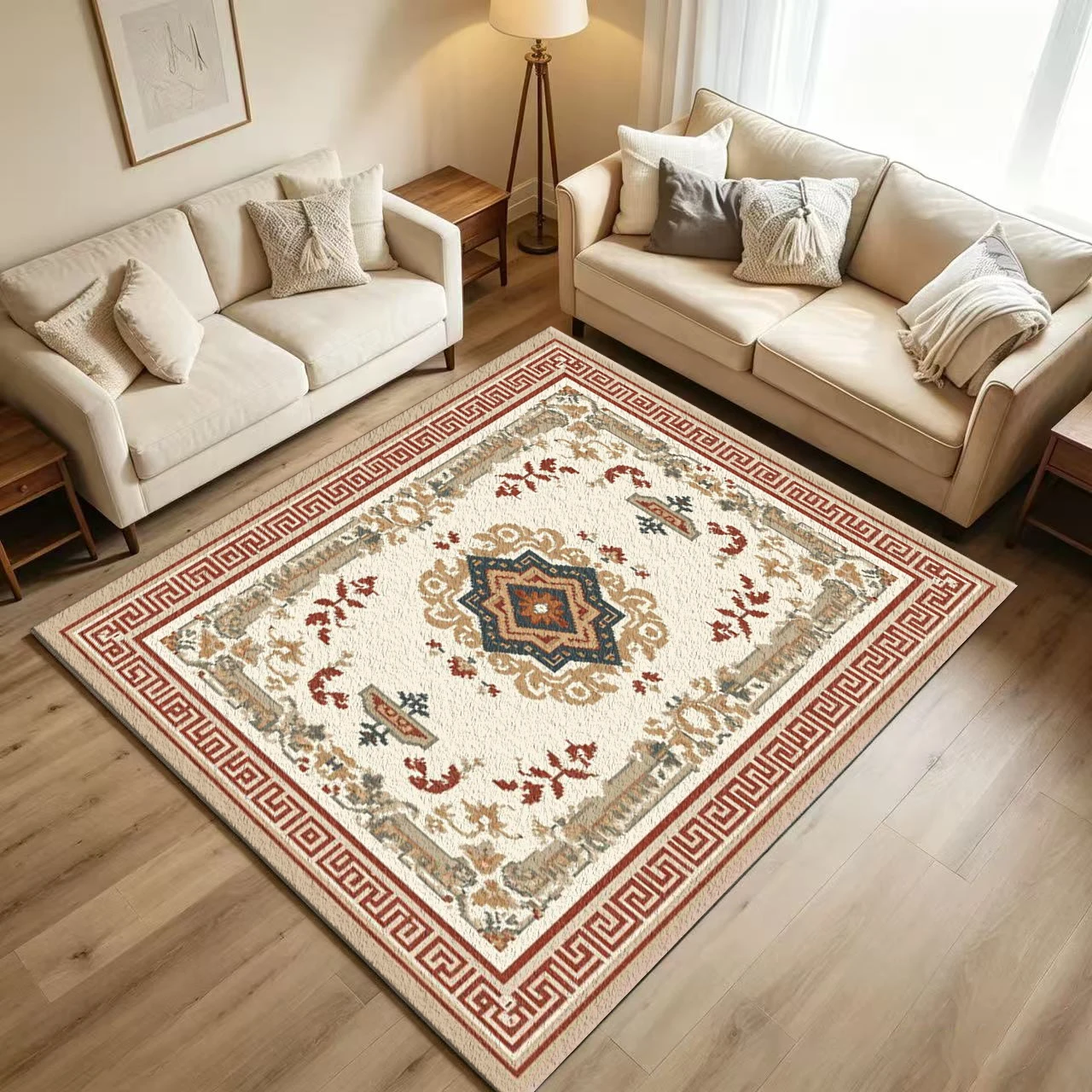 Vintage Oriental Medallion Carpet Flooring Retro Geometric Floral Greek Key Border Printed Floor Rug for Household Living Room Home Interior Decor