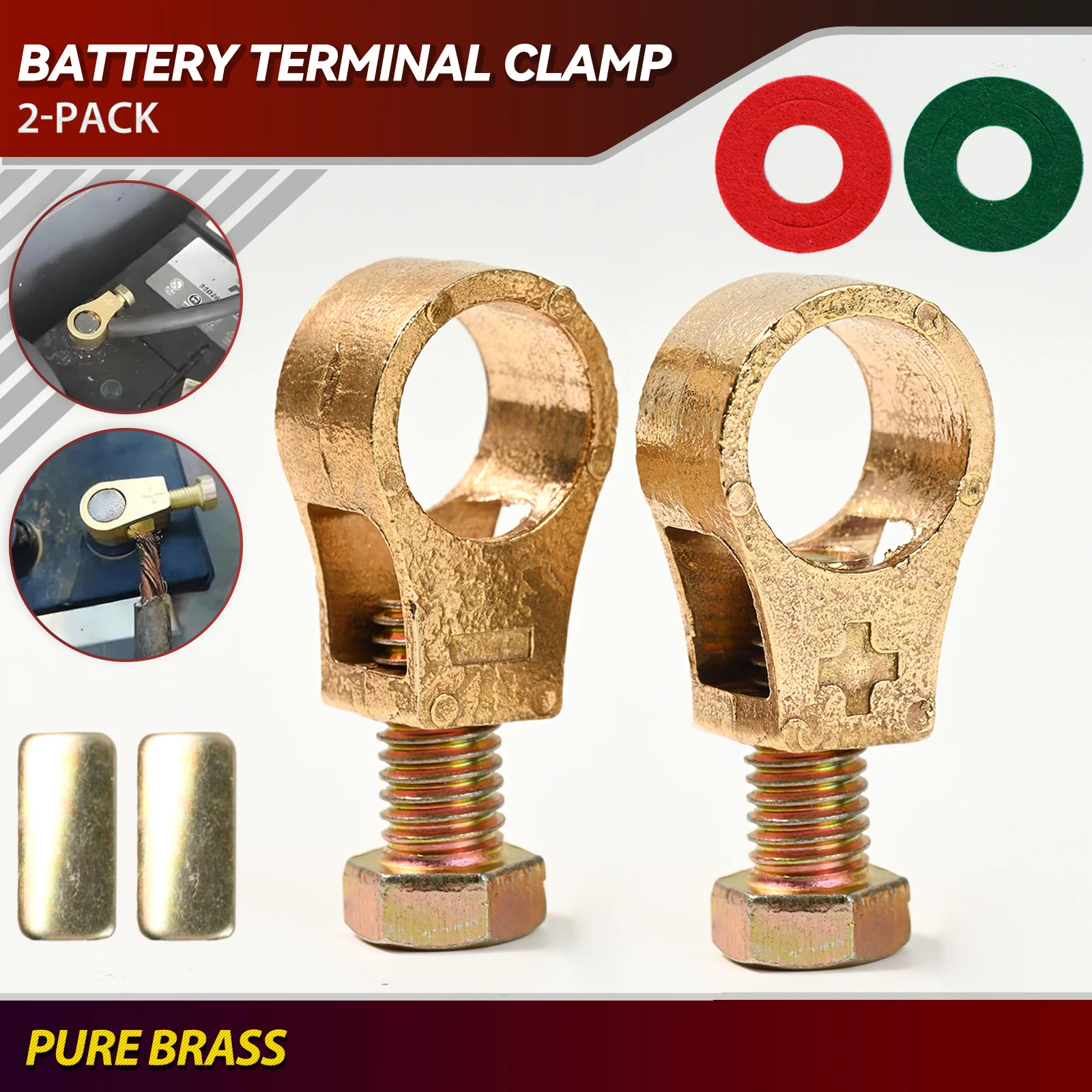 2pcs Pure Brass Car Battery Terminal Wire Cable Clamp Top Quick Post Positive & Negative Connection Clips with Washers Universal