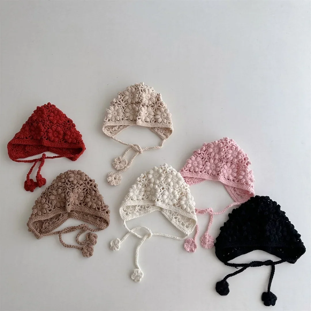 Knitted Baby Hat Kids Girls Handmade Crochet Ear Flap Beanie Cute Hollow Out Warm Spring Headwear Fashion Ear Protection Cap