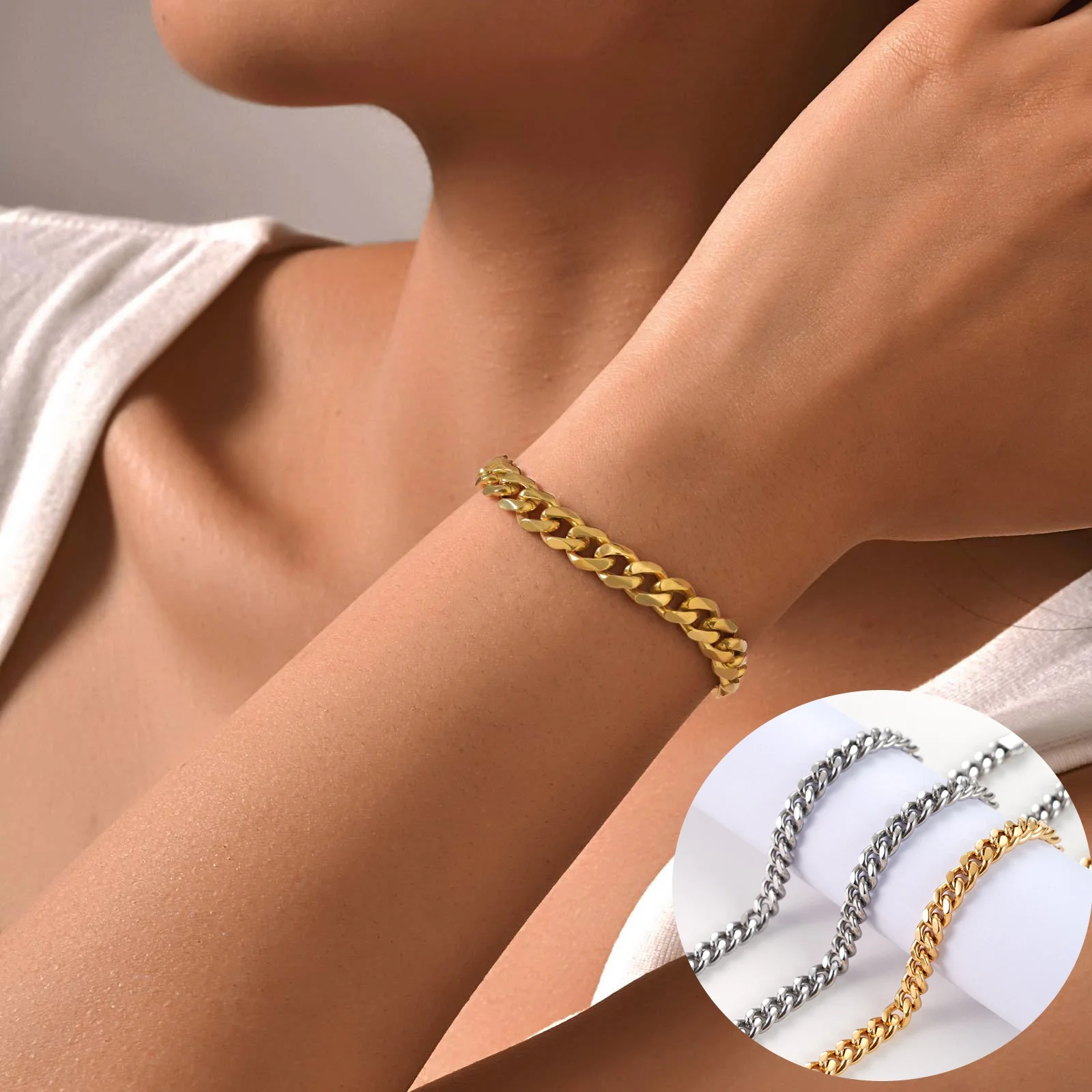 

New Trendy Stainless Steel Pulseras Waterproof Bracelet Real Gold Plated Smooth Texture Steel Cuban Chain Bracelet for Women