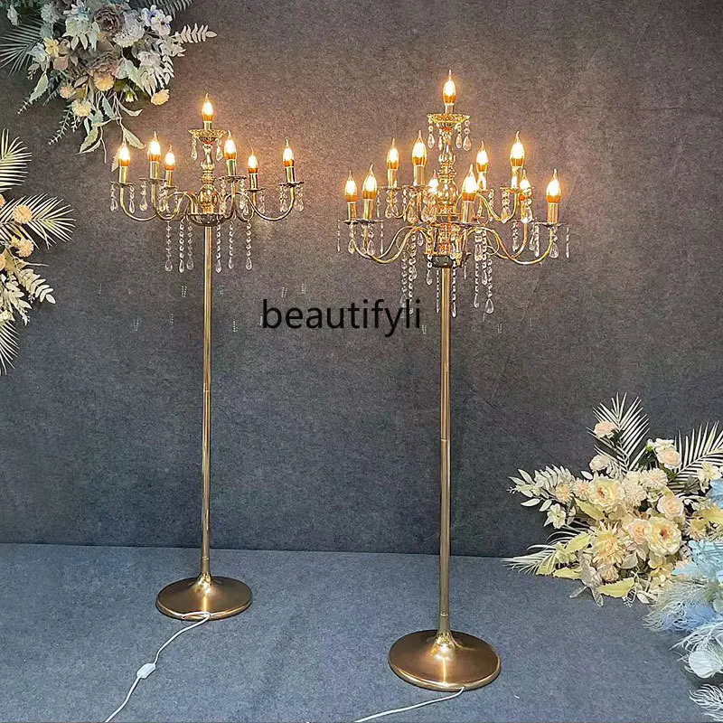 Wedding props wedding stage arrangement wrought  electroplated gold multi-headed crystal street light vertical decorative light