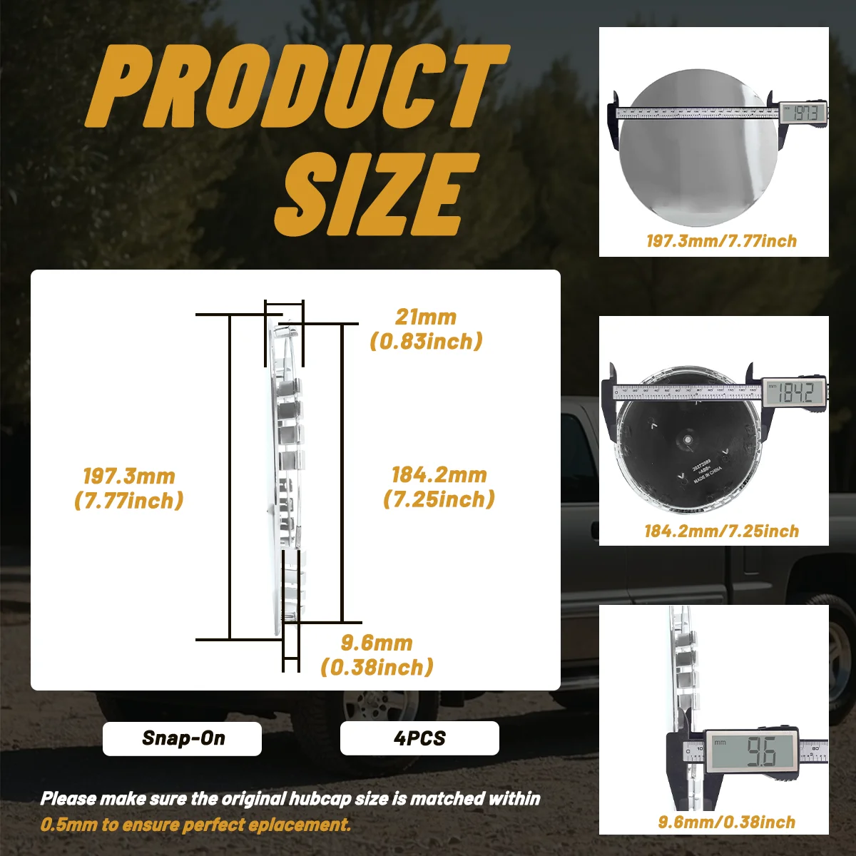 CFPerformance 1 Stück/4 Stück 197,3 mm/7,77 Zoll Außendurchmesser 184,26 mm/7,25 Zoll Innendurchmesser Radnabenkappen für Escalade ESV EXT 2003–2006 Räder 4575 4584 – Detail 3
