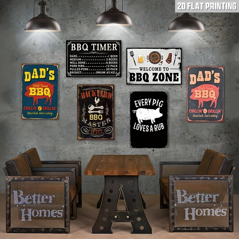 6pcs Set, Vintage BBQ Area Metal Tin Signs, Suitable for Outdoor/Indoor Decor, Multi-Functional Home, Porch, Terrace, Pool, Bar,