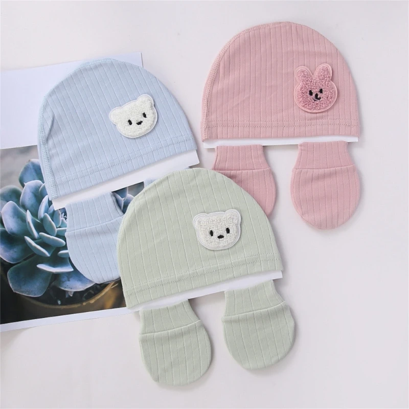 Baby Hat & Gloves Set Turban Hat Windproof Spring Fall Bonnet Newborns Fetal Caps with Matching Gloves for Boys Girls