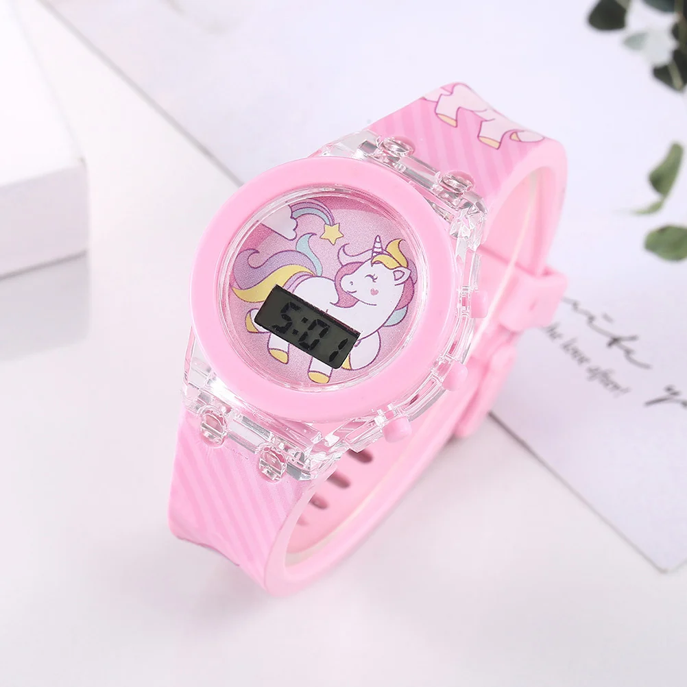 1Set Watch Adjustable Silicone Electric Wristwatch Cartoon Unicorn Pattern Glowing Watch Comfortable