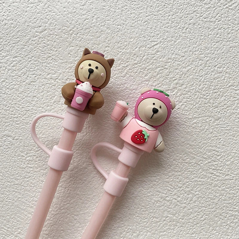 1PC Pink Strawberry Bear Silicone Straw Cap For 7-8mm Straw Water Cup Dust Plug Reusable Christmas Decoration Cup Accessories