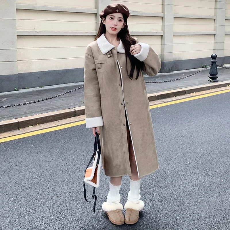 

Women's Lamb Hairy Jacket Female Winter New Medium-length Over-the-knee Loose Single-breasted Long Sleeves Suede Coat Trench