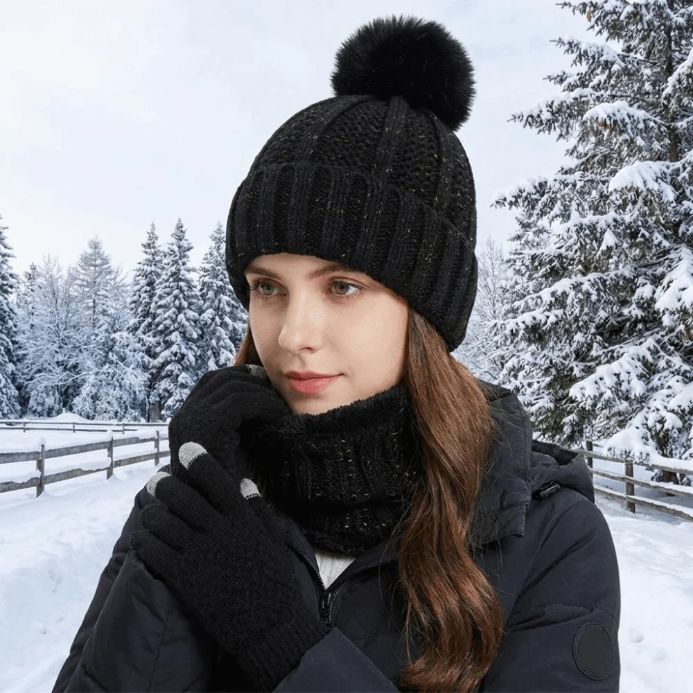 3pcs Casual Solid Color Hat Scarf Gloves Set Thickened Cute Pompom Knitted Hat with Velvet Keep Warm Beanie Hat Daily